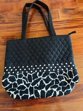 Black Quilted Tote with Cream Polka Dot and Abstract Accent
